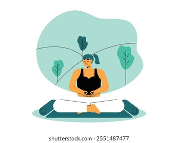 Young woman meditating, sitting cross-legged on mat with eyes closed, her hands forming mudra, her expression calm, peaceful and focused, background of hills and trees, vector illustration.