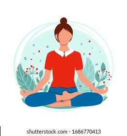 Young woman meditating and sitting in lotus on the natural background.  Concept illustration for yoga, meditation, relax and healthy lifestyle. Vector illustration in flat style