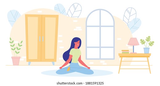 Young Woman Meditating Sitting in Lotus Posture with Hands on Knees at Home Practicing Yoga. Healthy Lifestyle, Relaxation Emotional Balance, Harmony with Nature. Cartoon Flat Vector Illustration