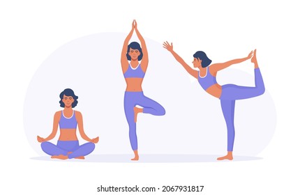 Young woman meditating and sitting in lotus position. Yoga, meditation, relax and healthy lifestyle. Girls practicing yoga pose: lord of the dance, tree. Slim sportive girl doing fitness exercises.