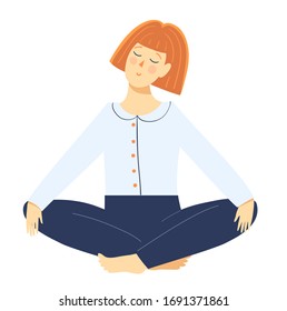 Young woman meditating sitting in yoga lotus pose, relaxing girl cartoon. Hand drawn flat clipart vector graphic design.