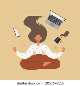 Young woman meditating sitting in yoga position, vector illustration. Harmony, wellness. Yoga time. Healthy lifestyle.
