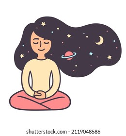 Young woman meditating and stars   space hair  Relaxation meditation for good night sleep  Cute girl doodle drawing  vector illustration 