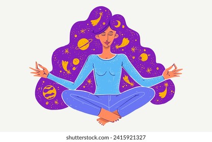 Young woman meditating, vector illustration of a girl in meditation yoga lotus pose, harmony in mind.