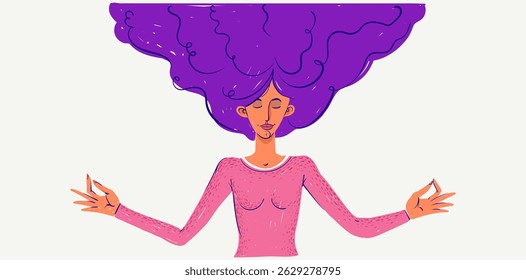 Jovem mulher meditando, ilustração vetorial de uma menina em meditação pose de lótus de ioga, harmonia em mente.