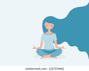 Young woman meditating vector. Relax concept illustration. Modern long hair flowing.