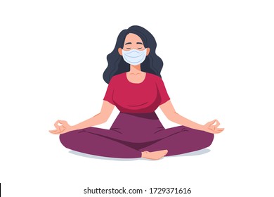 Young Woman Meditating, Wearing A Mask. Virus Protection, Stay Calm Concept. Girl Sitting In Padmasana Pose. Flat Cartoon Character. Vector Illustration Isolated On White.