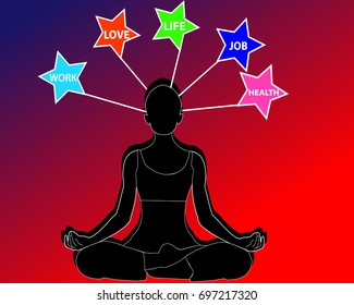 Young woman meditating for work and life balance. Healthy lifestyle and mindful meditation concept illustration vector.
