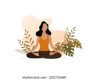 Young woman meditating in yoga lotus pose. Girl doing exercises against a background of abstract nature. Physical and spiritual practice. Vector illustration.