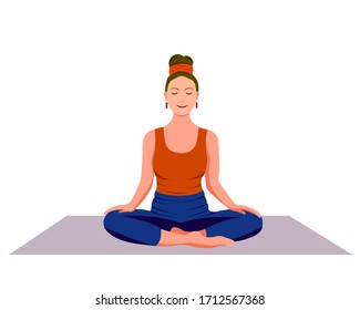 Young woman in meditation with closed eyes sitting cross-legged on the floor. Yoga at home, relaxing spiritual practice and breathing exercises. Flat cartoon colorful vector illustration isolated