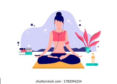 Young woman meditation listening music for yoga training cartoon vector illustration