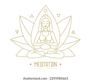 Young Woman meditation in lotus position with four elements ans Ether. Lotus flower sign. Vector illustration