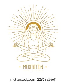 Young Woman meditation in lotus position at the sun dawn. Sun astrology sign. Vector illustration