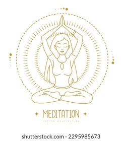 Young Woman meditation in lotus position in the rays of the rising sun. Sun astrology sign. Vector illustration