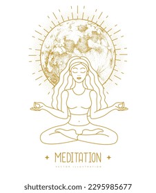 Young Woman meditation in lotus position with full moon. Moon astrology sign. Vector illustration