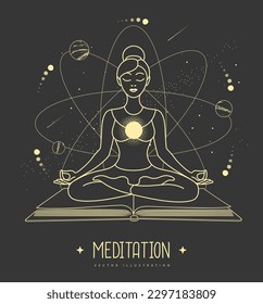 Young woman meditation in lotus position on outer space background. Vector illustration