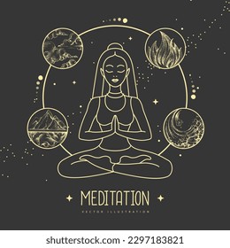 Young Woman meditation in lotus position with the four elements. Vector illustration