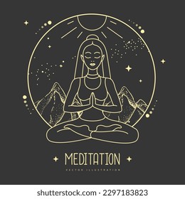 Young Woman meditation in lotus position in the mountains with starry sky. Vector illustration