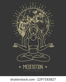Young Woman meditation in lotus position with full moon. Moon astrology sign. Vector illustration