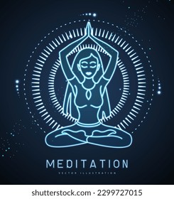 Young Woman meditation in lotus position in the rays of the rising sun. Sun astrology sign. Neon sign. Vector illustration