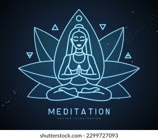 Young Woman meditation in lotus position with four elements ans Ether. Neon sign. Lotus flower sign. Vector illustration