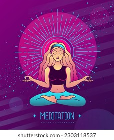 Young woman meditation in lotus position at the sun dawn. Sun astrology sign. Vector illustration