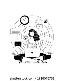 Young woman meeting deadline linear vector illustration. Good performance and overworking cartoon concept. Relaxing woman sitting in the lotus pose and focusing on work tasks. Calm female character