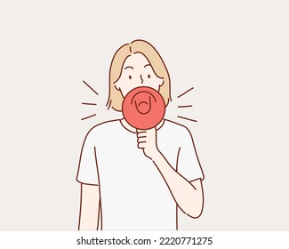  young woman with megaphone. Hand drawn style vector design illustrations.