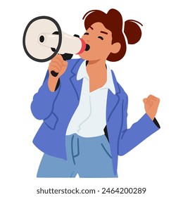 Young Woman With A Megaphone Making An Announcement. Character Sports A Relaxed Business Casual Attire And A Dynamic Pose, Emphasizing Empowerment And Communication. Cartoon People Vector Illustration