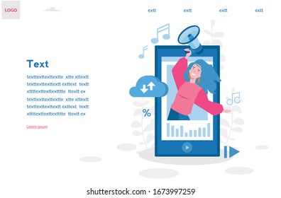 Young woman with megaphone and music playing on his phone. Stream music. radio Fast Download new music. Listening to music on social networks. Vector illustration. Landing page concepts and web design