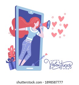 Young woman with megaphone on huge phone screen on white background. Girl loudly confesses her love at a distance from her beloved. Valentine's day banner. Flat vector illustration