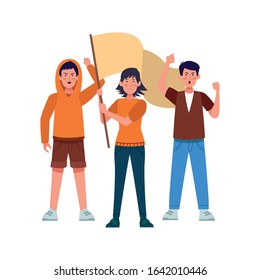 young woman and men standing protestating with white flag over white background, colorful design, vector illustration
