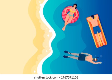 Jóvenes y hombres nadando y buceando en el mar o en el océano. Ilustración de la vista superior plana vectorial. Personajes de dibujos animados en la playa. Viajes de verano y vacaciones en el complejo