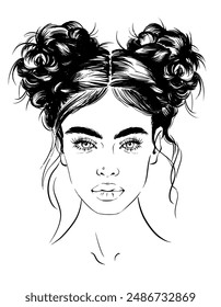 
young woman with messy double buns