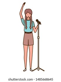 young woman with microphone on white background