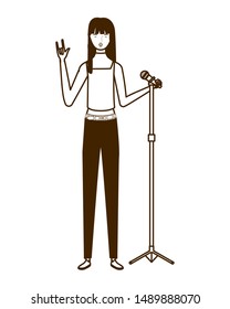 young woman with microphone on white background