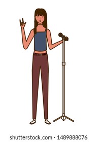 young woman with microphone on white background