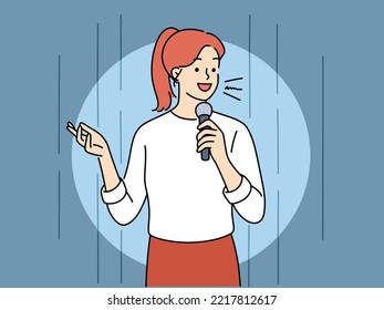 Young woman with microphone performing on stage. Smiling female hold mic speak in front of audience. Performance concept. Vector illustration. 