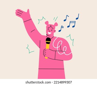 Mujer joven con micrófono cantando en karaoke. Ilustración vectorial colorida
