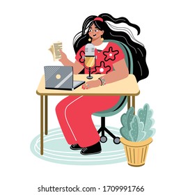 Young woman with microphone are sitting on a laptop. Radio host sitting at the table. Female podcaster holding a paper with podcast script. Broadcaster at workspace. Vector flat illustration.