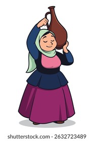 A young woman of Middle Eastern descent with a light brown skin tone, wearing a green hijab, a pink inner shirt, a blue long-sleeved shirt, and a purple skirt, is holding a brown clay pot above her he