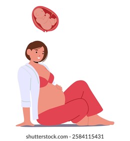 Young woman in middle of pregnancy period feeling impatient due to childbirth awaiting determination of baby gender vector illustration. Maternity inspiration, future mother health care and balance