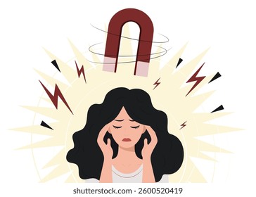 Young woman with migraine. Magnetic storm concept. Feeling unwell, headache. Flat illustration for education, medical banner, poster.