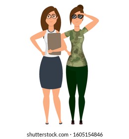 young woman with military clothes and businesswoman vector illustration design