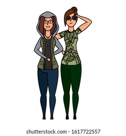 young woman with military clothes and girl characters vector illustration design