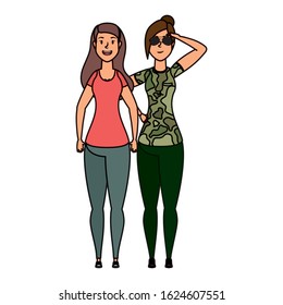 young woman with military clothes and girl characters vector illustration design