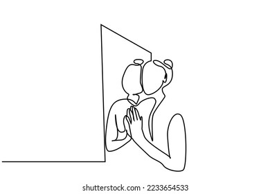 young woman mirror reflection herself thoughtful beauty line drawing