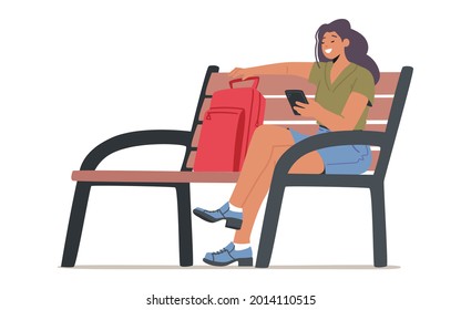 Young Woman with Mobile Phone and Backpack Sitting on Bench. Smiling Student Female Character Holding Cellphone Communicating in Social Media Networks, Surfing, Account. Cartoon Vector Illustration