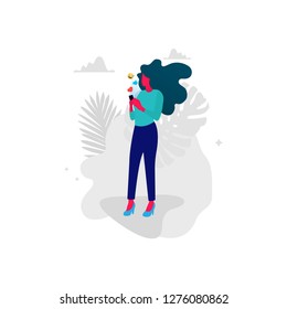 Young woman with mobile phone. Flat illustration girl with smartphone messaging with emojis - Vector