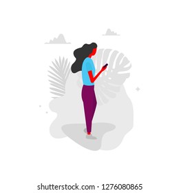 Young woman with mobile phone. Flat illustration girl with smartphone messaging with emojis - Vector